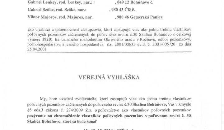 1. fotografia fotogalérie Aktuality / Verejná vyhláška (využitie práva poľovníctva) - foto