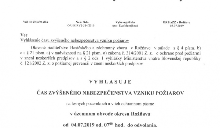1. fotografia fotogalérie Vyhlásenie času zvýšeného nebezpečenstva vzniku požiarov - foto
